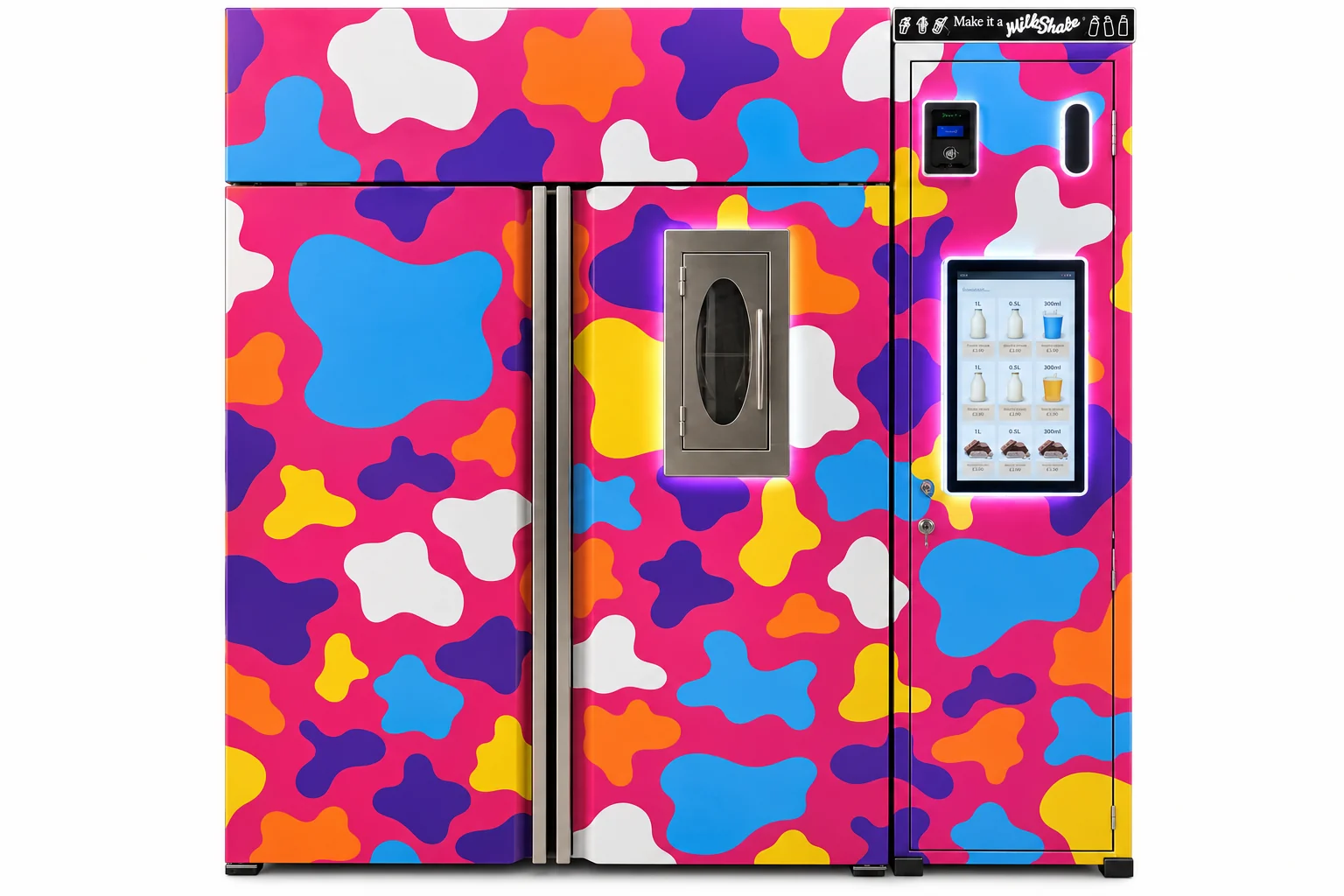 Vending machine wrapped in a bright pink cow-spot pattern